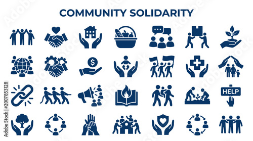 Community solidarity icons showing unity support teamwork and togetherness in abstract flat design style social connection concept