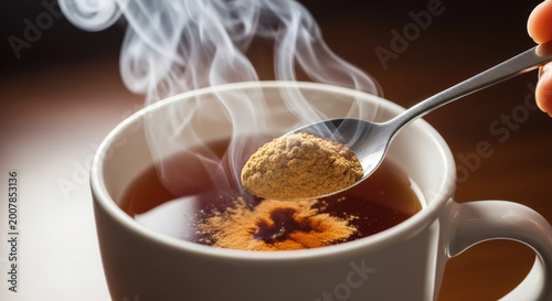 Spoon pouring powdered creamer into a steaming hot cup of morning coffee creates a relaxing beverage preparation ritual.