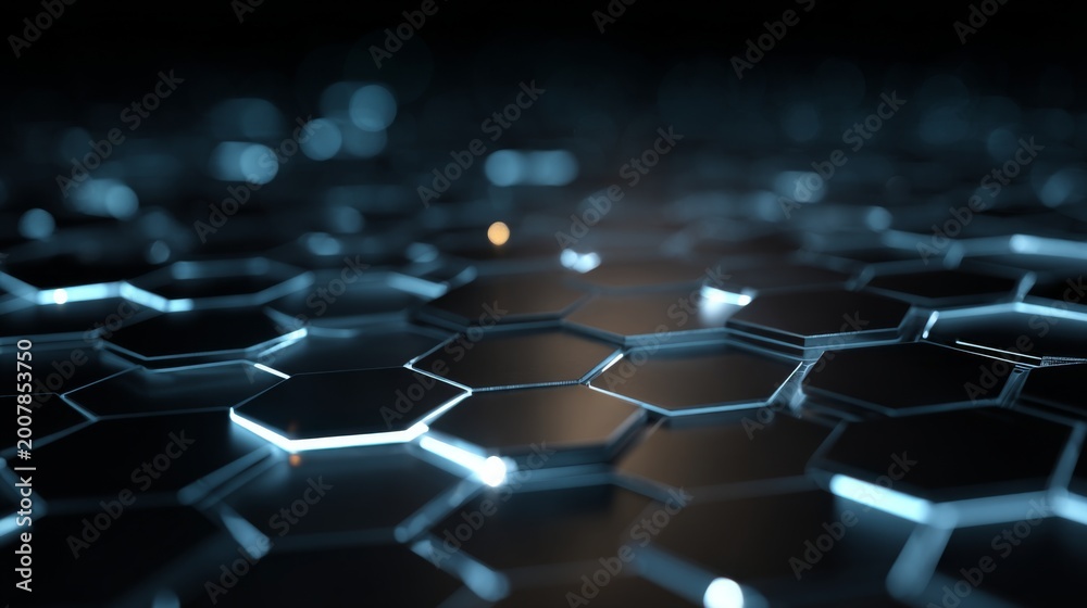 Naklejka premium Glowing Hexagonal Grid Fading into Darkness, Modern Abstract Background with Soft Lighting Effects