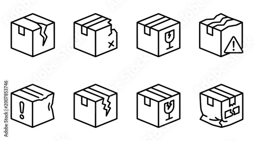 Set of outline icons depicting damaged cardboard boxes and packaging issues