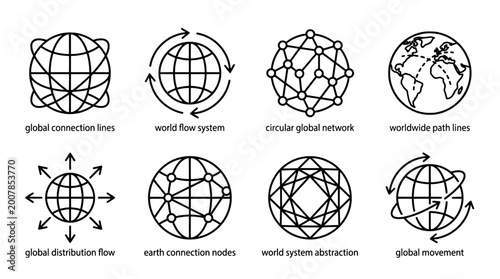 Set of outline icons depicting global networks connections and worldwide systems