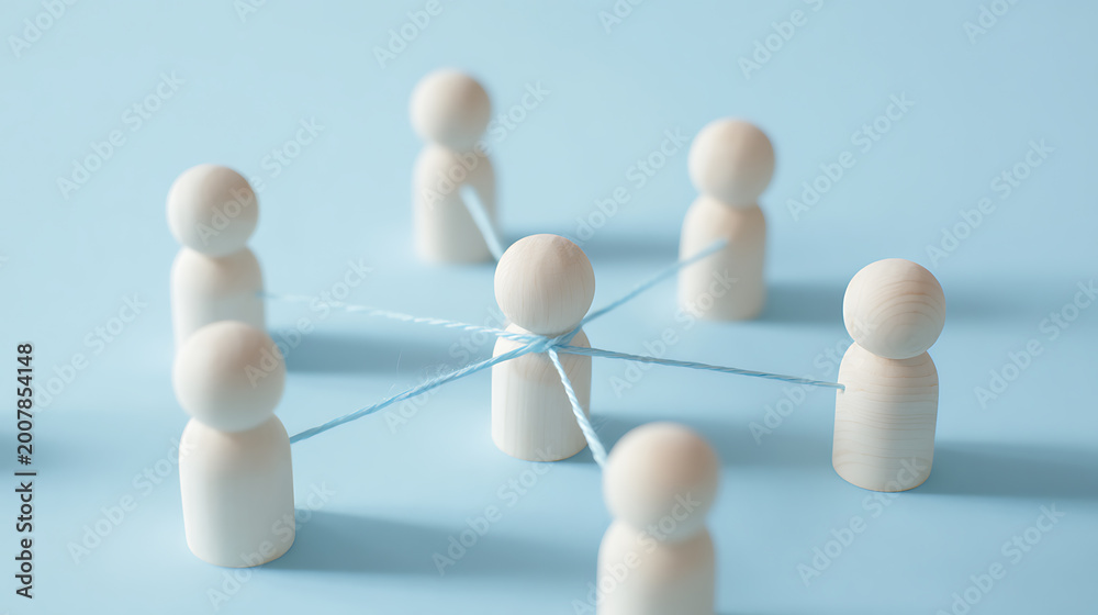 Obraz premium Connected wooden figures on a blue background illustrate teamwork, communication, and social network concepts for business and community