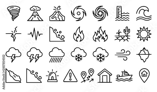 Bilde på lerret Natural Disaster Thin Line Icon Set Tornado Volcano Hurricane Flood Tsunami Vect