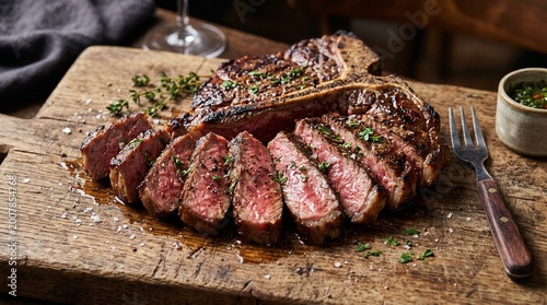 Grilled porterhouse steak sliced on a wooden cutting board with fresh herbs and seasoning for a dinner meal