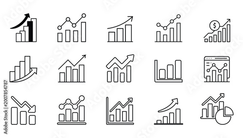 Business growth chart icon set, analytics and statistics line icons, financial data graphs with arrows, bar chart and trend symbols, minimal outline vector collection for dashboard and report design