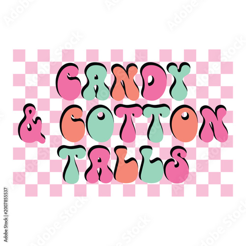 Colorful candy and cotton treats sign, pink orange green letters, checkered background, sweet shop decoration, vector graphic