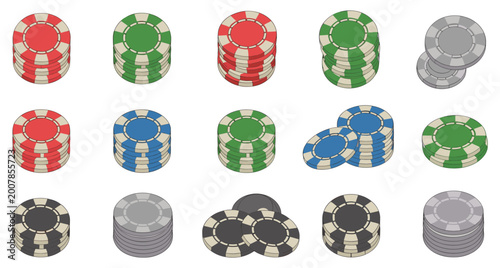 Konstfotografi Casino Chip Assortment: Stacked casino chips in various colors, ready for gambling