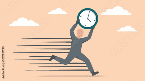 Obraz na płótnie Man running with a clock, symbolizing time pressure and urgency