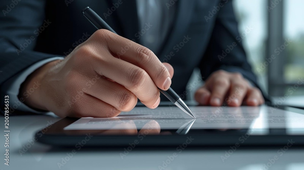 Fototapeta premium Business Executive Signing Digital Documents. Business executive signing electronic documents on a touchscreen device in a modern office.