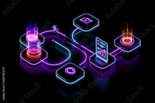 Futuristic Data Flow System with Neon Interface and Artificial Intelligence Processing Network