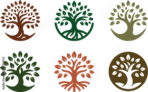 Foto A beautiful vector collection of 6 stylized Tree of Life logos in rich earth ton