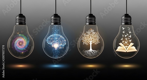 Four light bulbs with brain, galaxy, tree, book ideas