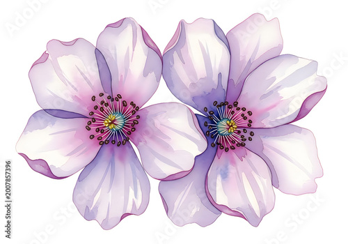 A delicate watercolor painting of orchid flowers in bloom isolated on white background

