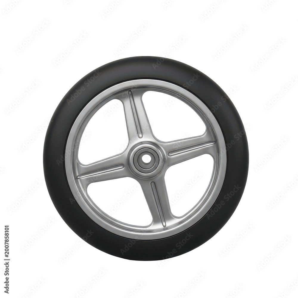 Fototapeta premium Single silver motorcycle wheel with smooth black rubber tire on white background