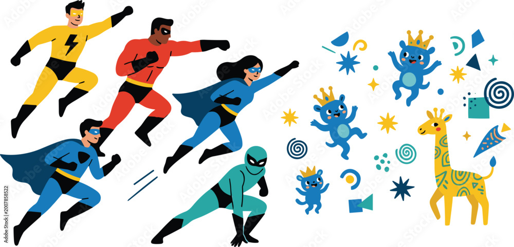 Ταπετσαρία Team of brave superheroes flying to rescue cute monsters and a giraffe for children storybook, imaginative play, heroic fantasy adventure, and nursery education vector illustration concept
