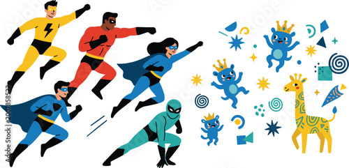 Fényképezés Team of brave superheroes flying to rescue cute monsters and a giraffe for children storybook, imaginative play, heroic fantasy adventure, and nursery education vector illustration concept