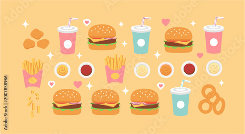 Cute cartoon fast food collection with burgers, fries, and drinks