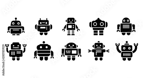 Collection of diverse retro and modern robot icons in a simple, flat design style