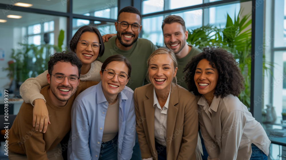 Fototapeta premium Group of diverse business people smiling in modern office with plants and glass walls