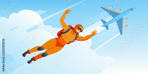 Tableau sur toile Skydiver in free fall with airplane vector illustration