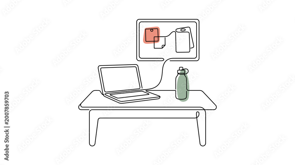Fototapeta premium Continuous Line Drawing of Home Workstation with Laptop Vector