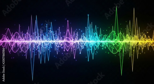 An abstract digital graphic of a blue and green sound wave frequency line resembling a medical EKG heartbeat monitor pulse or electrocardiogram cardiogram on a black background for audio and health