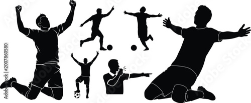Quadro su tela Black silhouettes of soccer players in various poses, kicking and celebrating fo