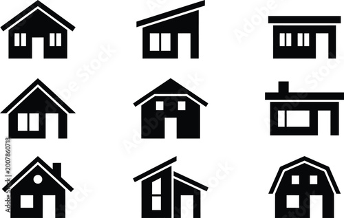 Nine black silhouette house icons on a white background