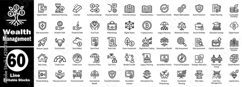 Bild auf Leinwand Wealth management line icons for financial planning, asset allocation, risk assessment, legacy planning, and corporate investment strategies design