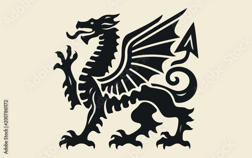 Obraz na plátně heraldic dragon rampant silhouette illustration black vector welsh medieval fant