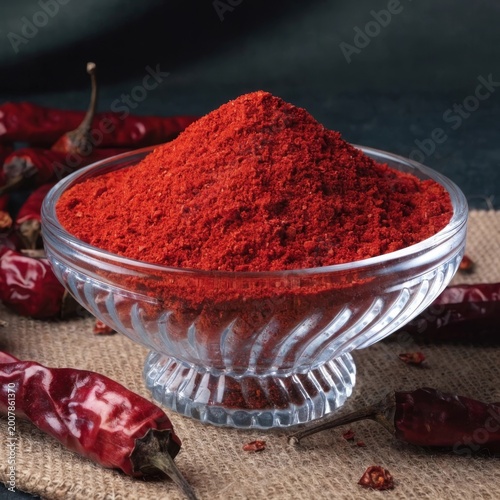 Modern bowl with bright red chili powder on burlap, dried peppers around, organic spices