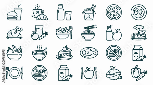 Food and Drink Icons Set: Healthy, Unhealthy Meals, Beverages, Diet Symbols