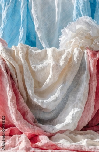Linen fabric layered in pale red, white, and Shabby chic style, textile background in blue tones