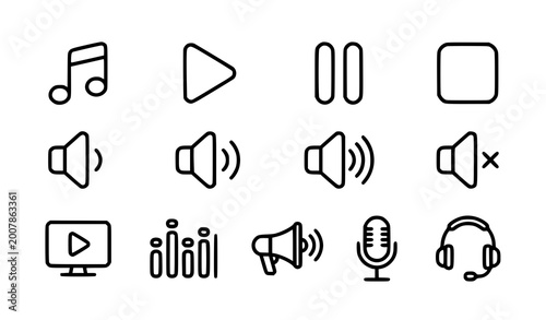 Foto Thin line audio control icon set with music play pause volume microphone headset