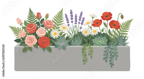 Colorful flower arrangement with roses, daisies, and lavender in planter  