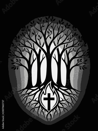 Ornate tree of life graphic with deep roots encircling cross icon inside shield shape mystical forest illustration concept of spiritual growth and faith aesthetic nature art for print or branding.