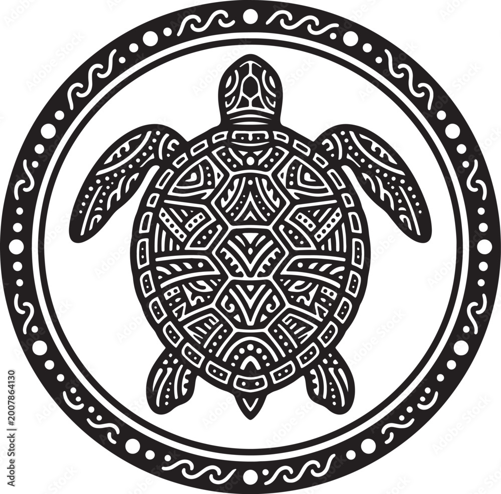 Naklejka premium Black and white tribal turtle within a decorative circle also transparent background