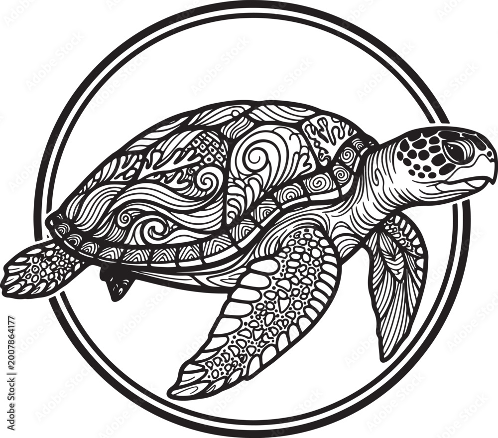 Fototapeta premium Detailed black and white of a sea turtle with intricate patterns inside a circular frame also transparent background