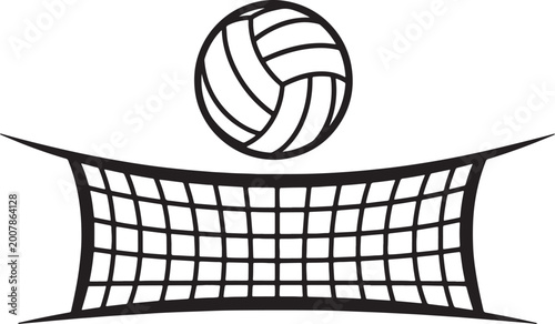 Valokuva Black and white volleyball hovering above a net with a curved also transparent b