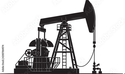 Foto Black silhouette of an oil pumpjack on a white background, showcasing industrial