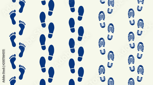 Pattern of bare feet, smooth shoes, and treaded shoe prints