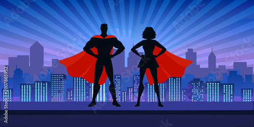 Bild auf Leinwand Superhero silhouettes male and female with city skyline background