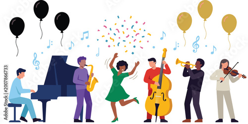 Canvas Print Live music band performance concept with diverse musicians playing piano, saxoph