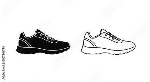 Black and white illustration of modern sneakers side view isolated on a white background