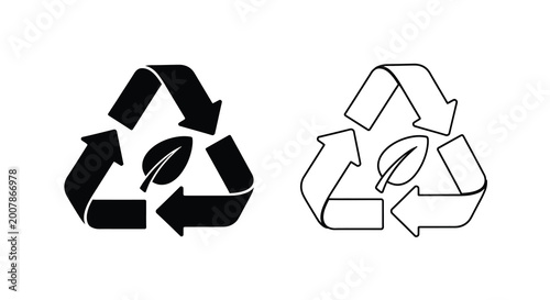 Recycling symbol with leaf black and white illustration of environmental sustainability