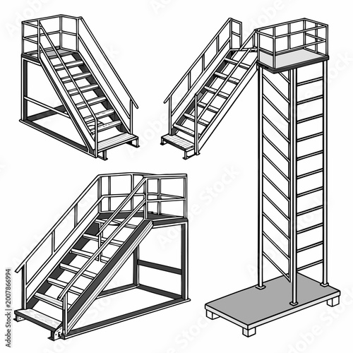 Quadro em tela Four different designs of industrial metal stairs platforms access ladders with