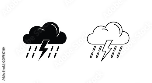 Stormy weather icons black and white depictions of lightning and rain