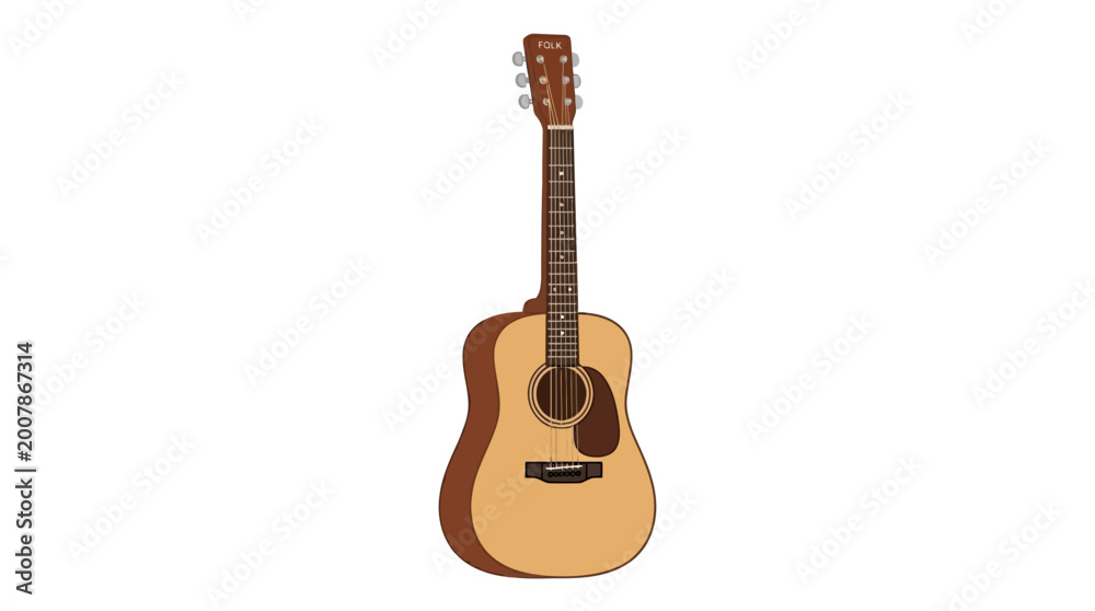 Naklejka premium Acoustic Guitar Standing Upright with Classic Wooden Body.