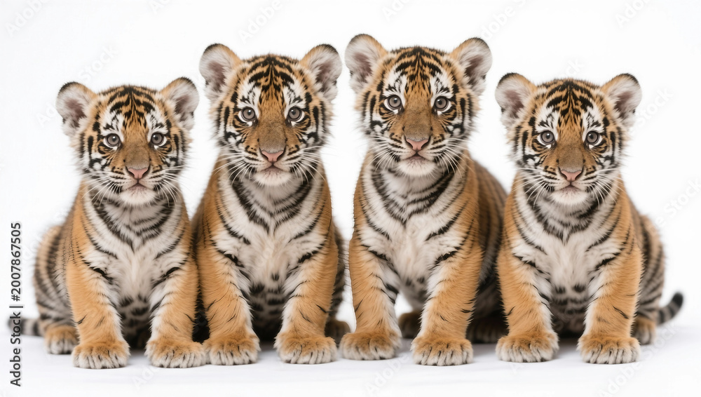 Obraz premium adorable spotted big cat cubs sitting together on a white background, showing cute wild animal faces and soft fur details.