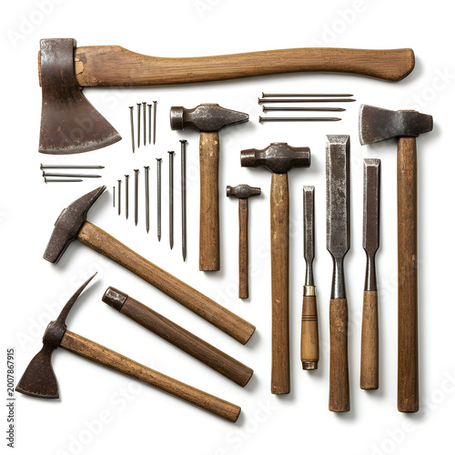 Set of various metal hammers axes and chisels with wooden handles